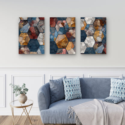 3pcs Abstract Modern Geometric Hexagon Mosaic  Wall Art Set Canvas Framed 40x60cm - High Quality Print 100% Australian Made Wall Canvas Ready to Hang
