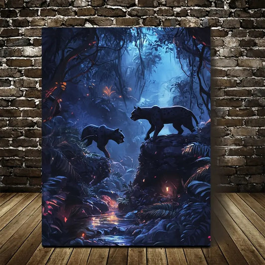 Panther Chase in Mystical Jungle with Ethereal 40x60cm Metal Print Ready to Hang - Bella Home Decor