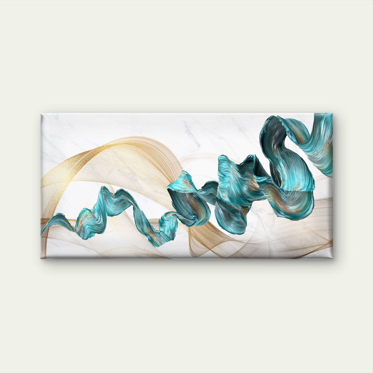 Flowing Teal Golden Ribbons Wall Art Canvas Office Home Room Framed 120x60cm