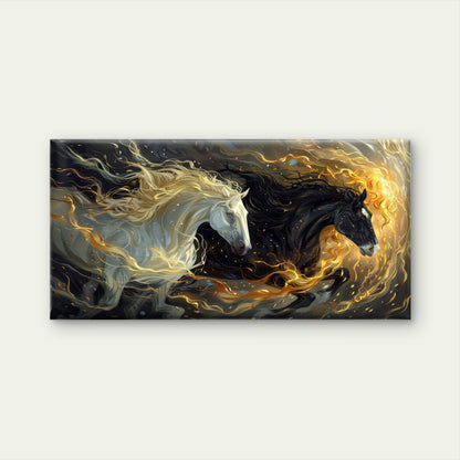 Black White Fire Horses Wall Art Canvas Office Home Room Framed 120x60cm