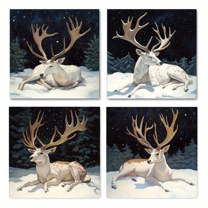 4pcs Majestic Deer With Large Antlers In Snowy Wall Art Canvas Framed