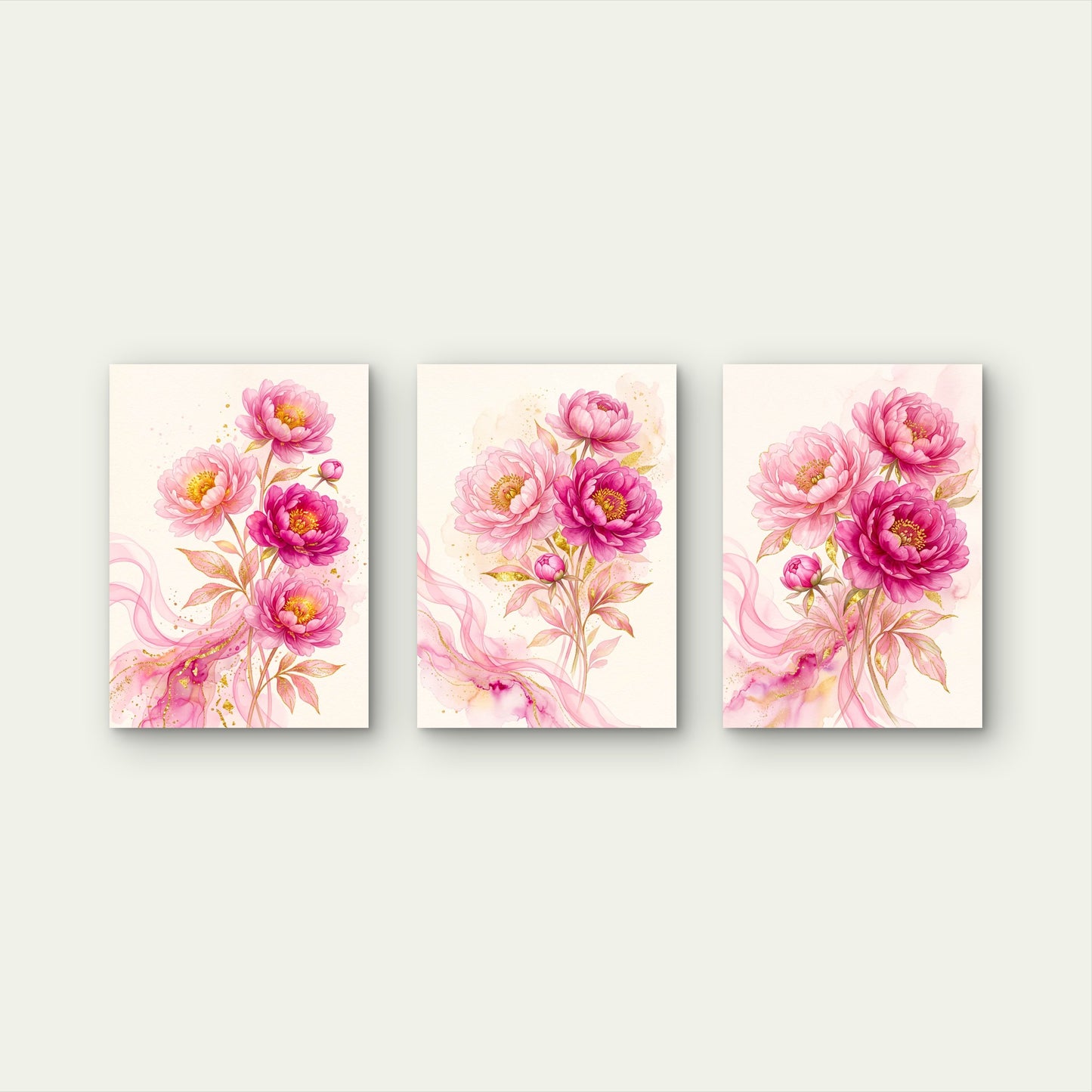 3pcs Watercolor Pink Peony Floral Botanical Gold Leaves Abstract Swirl Wall Art Set Canvas Framed 40x60cm - High Quality Print 100% Australian Made Wall Canvas Ready to Hang