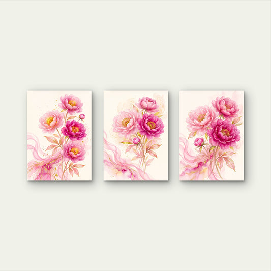 3pcs Watercolor Pink Peony Floral Botanical Gold Leaves Abstract Swirl Wall Art Set Canvas Framed 50x70cm- High Quality Print 100% Australian Made Wall Canvas Ready to Hang