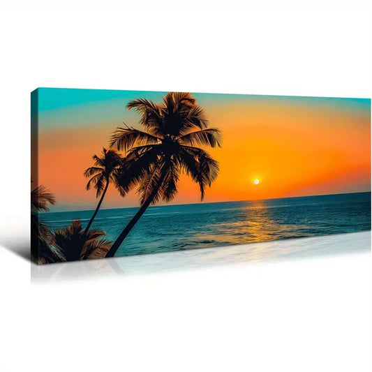 Sunset Beach Palm Trees & Orange Sky Wall Art canvas office home room framed 120x60cm - Bella Home Decor