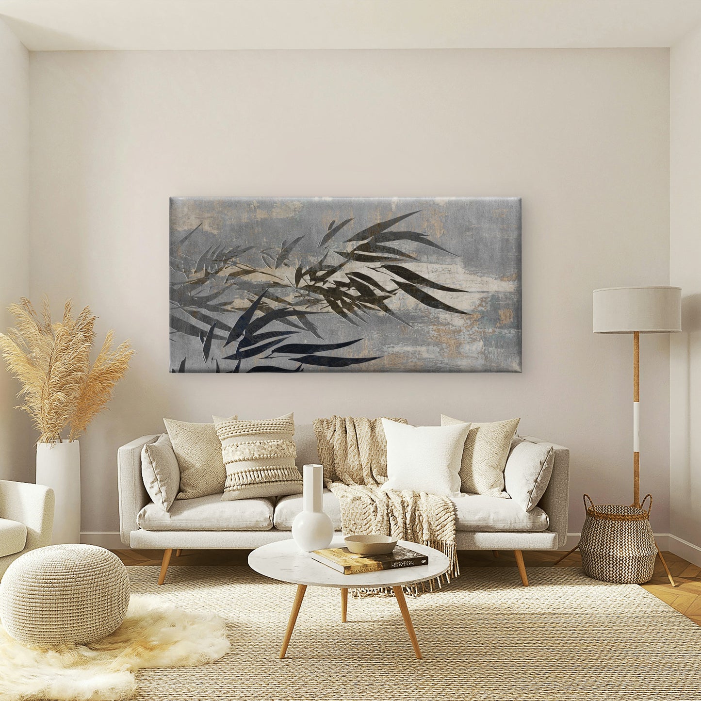 Modern Grey Bamboo Leaves Foil Wall Art Canvas Office Home Framed 120x60cm