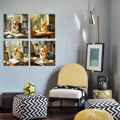 4pcs   Adorable Corgi Art DOG  Wall Art Canvas Framed
