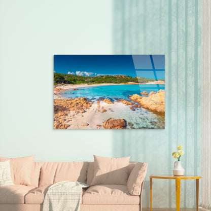 Tropical Turquoise Ocean Beach Rocky Shoreline White Sand Clear Water Blue Sky Acrylic Glass Printing Wall Art Australian Made Quality