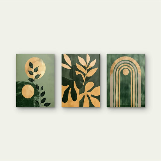 3pcs Mid Century Sage Green Gold Arch Botanical Boho Geometric Wall Art Set Canvas Framed 60x90cm - High Quality Print 100% Australian Made Wall Canvas Ready to Hang