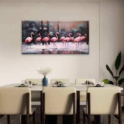 Pink Flamingo Winter Snow Wall Art Canvas Office Home Room Framed 120x60cm