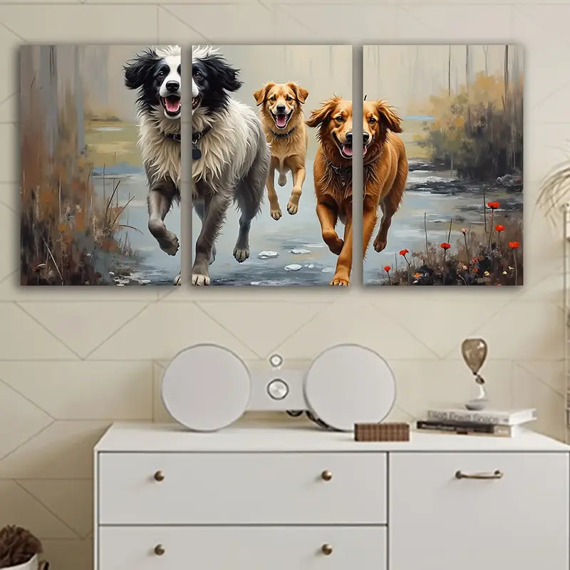 3pcs Dog Run Autumn Forest Scene Wall Art Set Canvas Framed 40x60cm - High Quality Print 100% Australian Made Wall Canvas Ready to Hang - Bella Home Decor