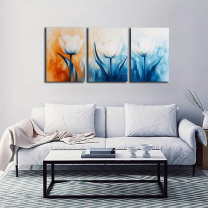 3pcs Triptych - White Tulips On Blue And Orange Metal Print Ready to Hang Art