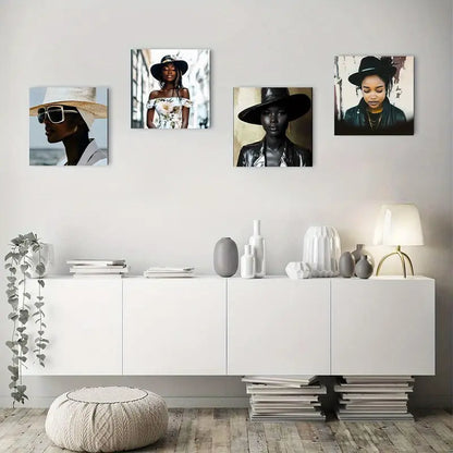 4pcs Black & Golden Female Portrait Wall Art Canvas Framed