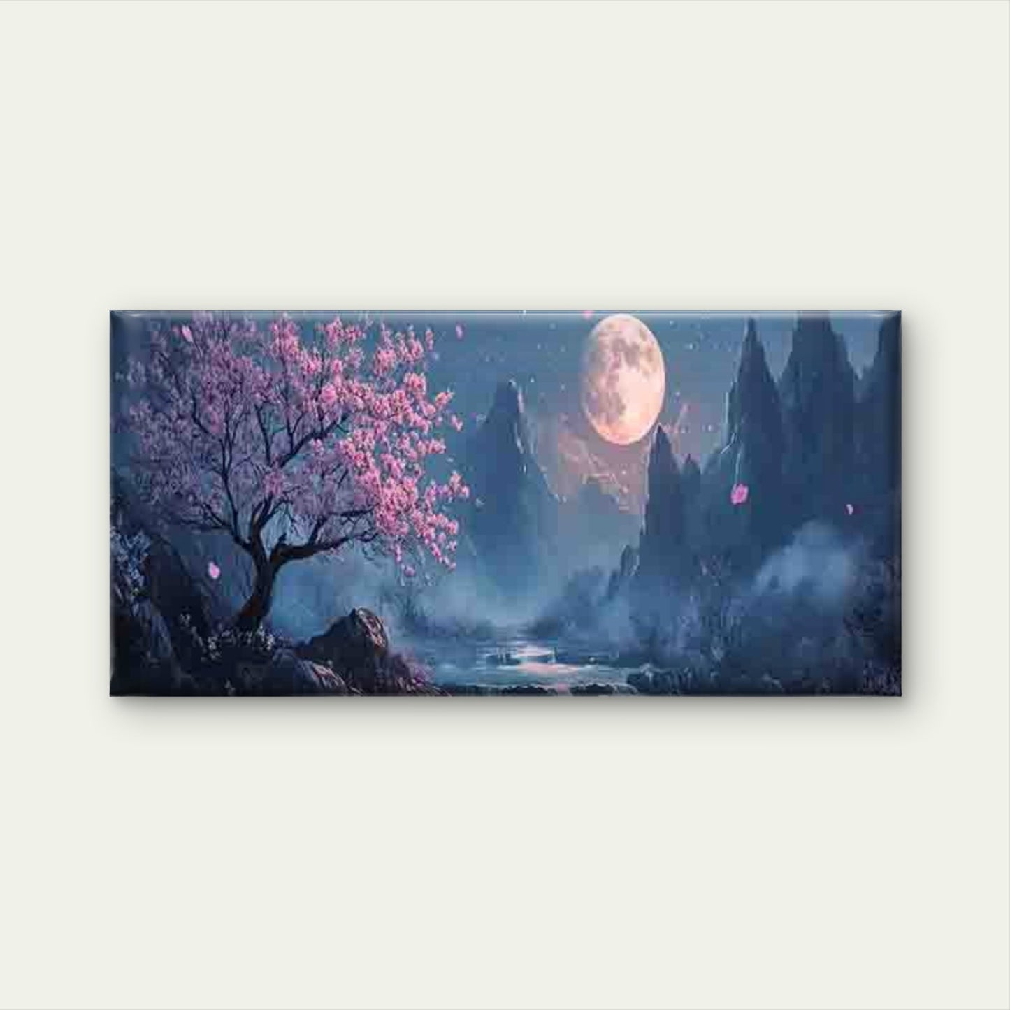 Asian Full Moon & Orchid Tree Wall Art Canvas Office Home Room Framed 120x60cm - Bella Home Decor