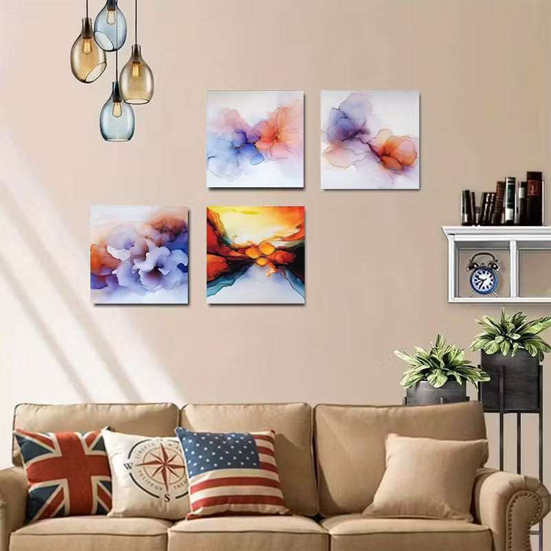 4pcs Orange Blue Smoke Wave Abstract Shape Elega Wall Art Canvas Framed