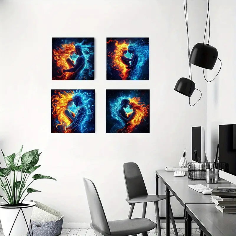 4pcs  Flame Design, Blue & Orange Abstract  BL Wall Art Canvas Framed