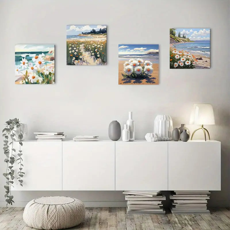 4pcs Beach Coastal Floral Ocean Waves & Wildflowe Wall Art Canvas Framed