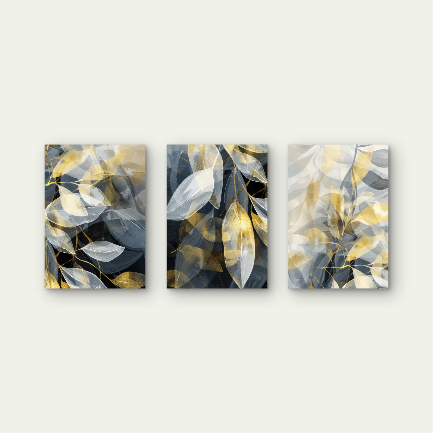 3pcs Modern Gold Navy Botanical Leaf Metal Print Ready to Hang Art