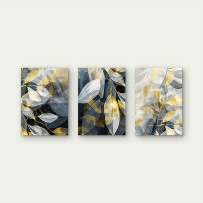 3pcs Modern Gold Navy Botanical Leaf Metal Print Ready to Hang Art