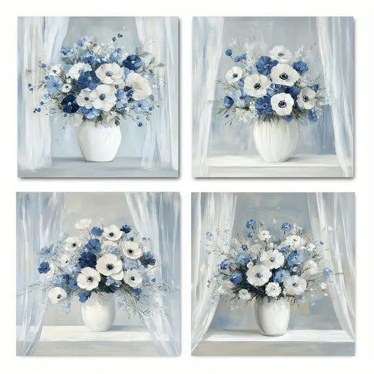 4pcs Elegant Blue And White Floral Wall Art Canvas Framed