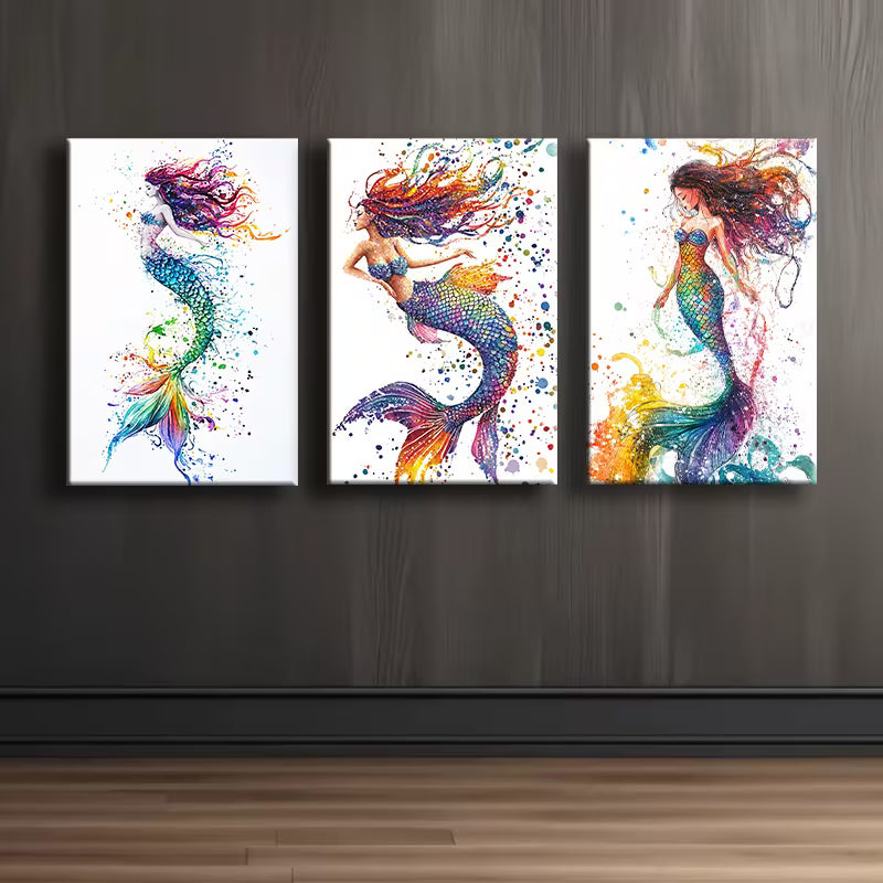 3pcs Vibrant Mermaid Watercolor Wall Art Set Canvas Framed 40x60cm - High Quality Print 100% Australian Made Wall Canvas Ready to Hang