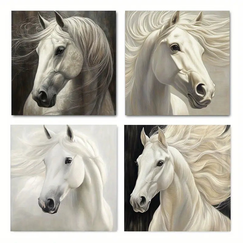 4pcs Majestic White Horse Rustic Wall Art Canvas Framed