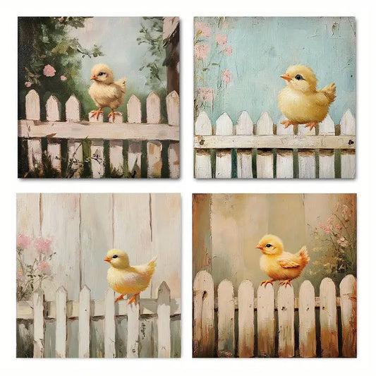 4pcs Vintage SpringTime Bird Wall Art Canvas Framed