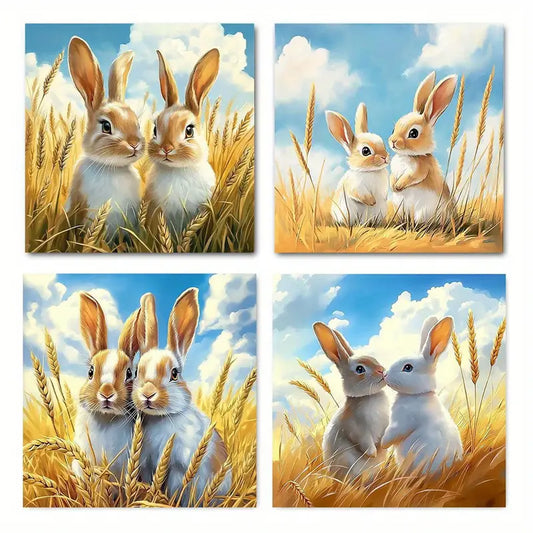 4pcs Charming White Rabbits in Golden Wall Art Canvas Framed