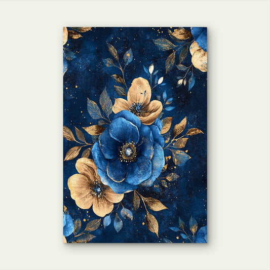 Navy Royal Blue Gold Flower Floral 40x60cm Metal Print Ready to Hang