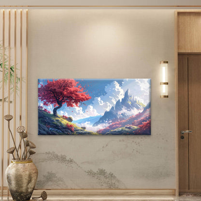 Mountain Landscape With Red Tre Wall Art Canvas Office Home Room Framed 120x60cm - Bella Home Decor