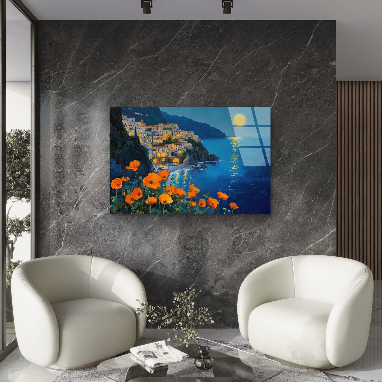 Italy Amalfi Coast Moon Ocean Acrylic  Glass Printing Wall Art Australian Made Quality