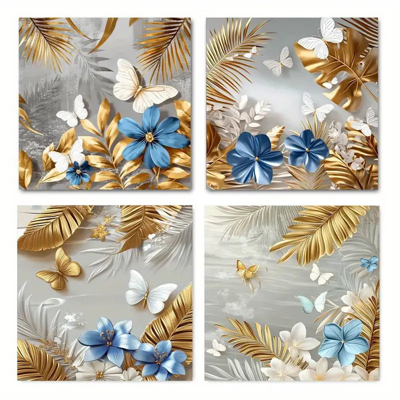 4pcs  Elegant Golden Leaves & Butterflies, Wall Art Canvas Framed