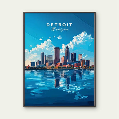 Vibrant Blue Reflection of Detroit Michigan Travel Poster Print Wall Art