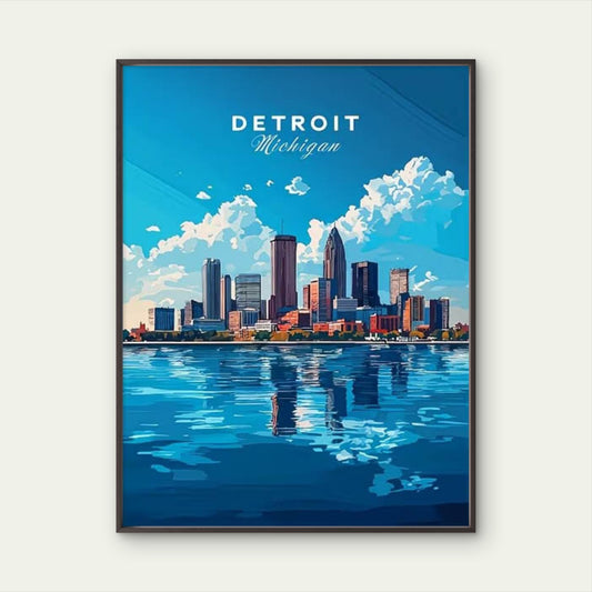 Vibrant Blue Reflection of Detroit Michigan Travel Poster Print Wall Art