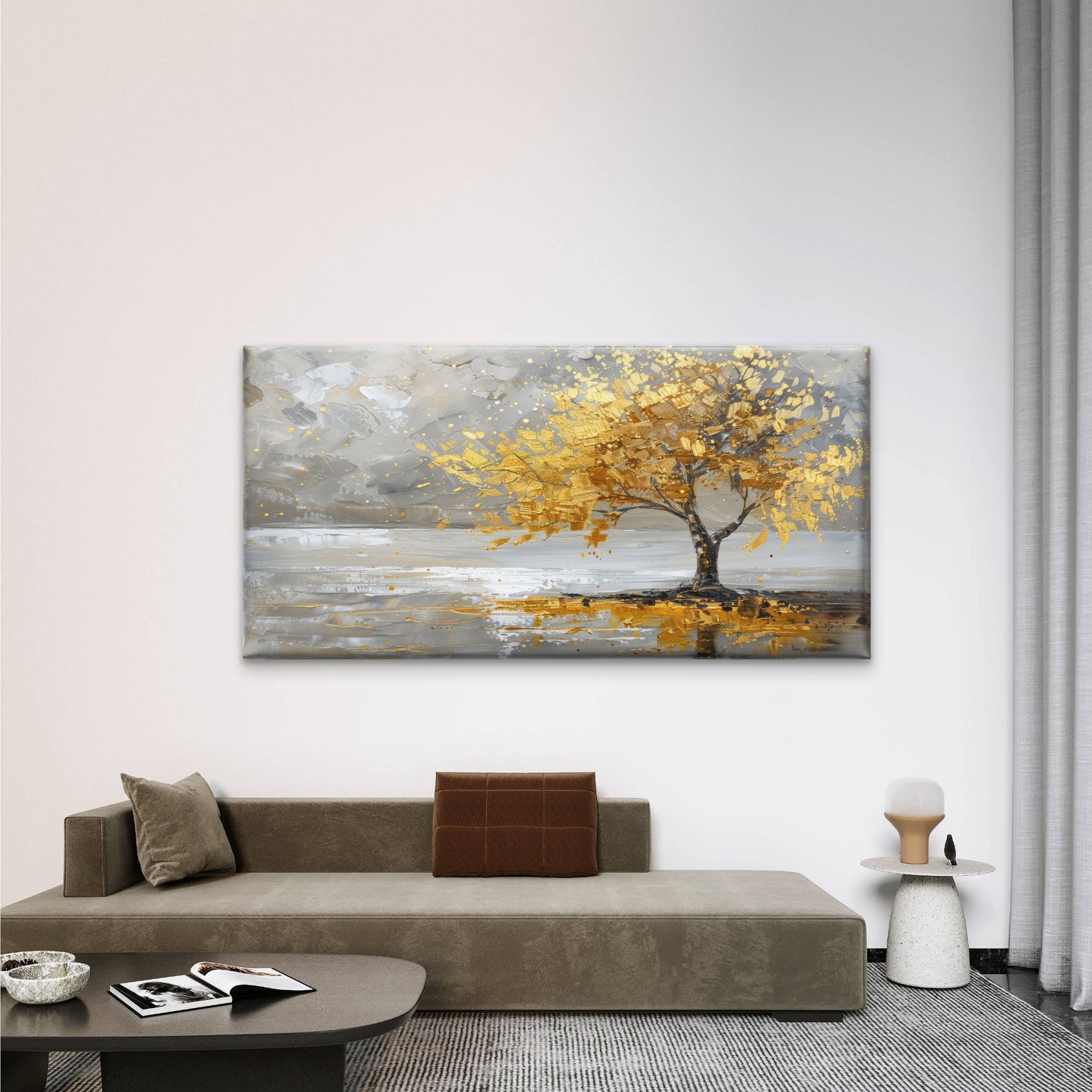 Gold Leaf Tree Horizon Wall Art Canvas Office Home Room Framed 120x60cm
