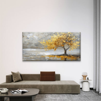 Gold Leaf Tree Horizon Wall Art Canvas Office Home Room Framed 120x60cm