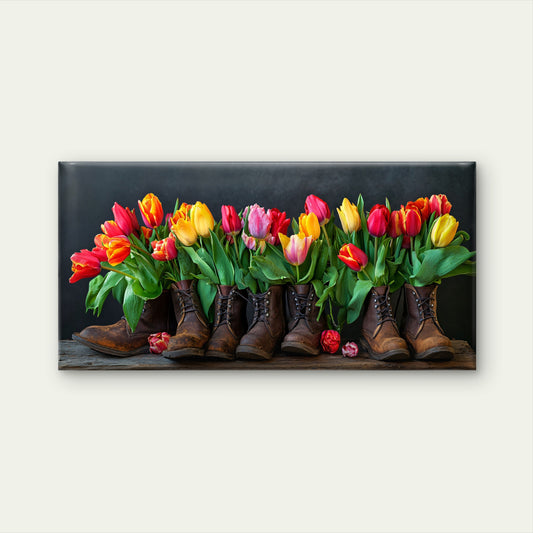 Tulips Boots Floral Painting Wall Art Canvas Office Home Room Framed 120x60cm