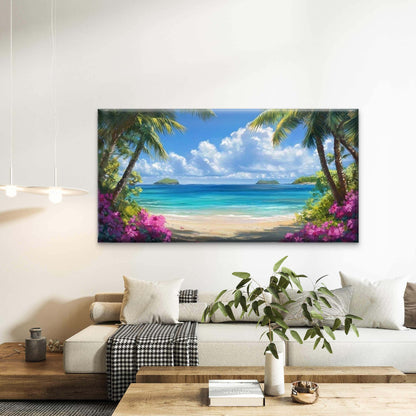 Tropical Paradise Beach Scene Wall Art Canvas Office Home Room Framed 120x60cm