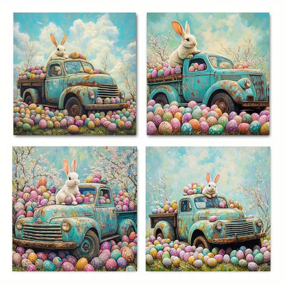 4pcs Easter Truck With Bunny And Egg Wall Art Canvas Framed