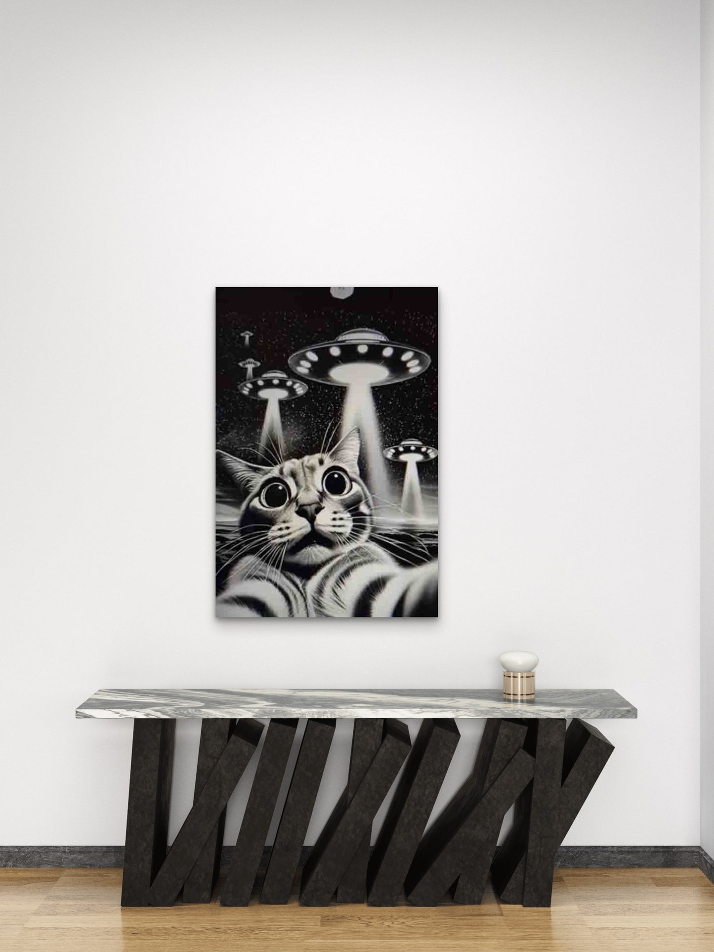 Whimsical Cat & UFO 60x90cm Metal Print Ready to Hang