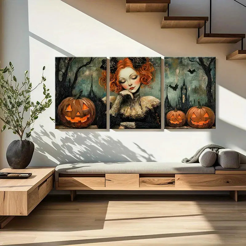 3pcs Gothic Castle, Pumpkins & Spooky Night Scene Metal Print Ready to Hang Art - Bella Home Decor