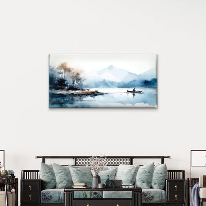 Blue Watercolor Lake Fishing Wall Art Canvas Office Home Room Framed 120x60cm