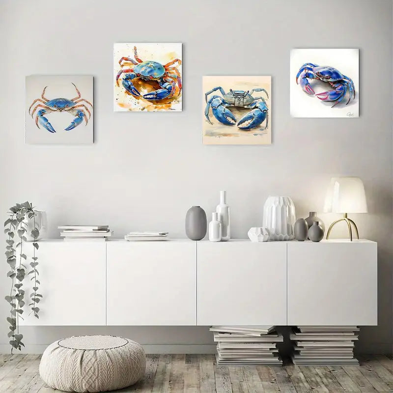4pcs Vibrant Crab Paintings Wall Art Canvas Framed