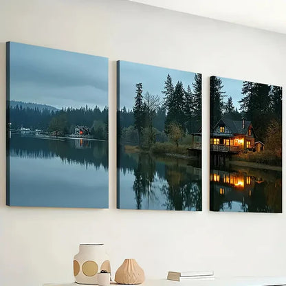 3pcs Modern Wind Natural Forest Wooden House Landscape Art Wall Art Set Canvas Unframed - High Quality Print 100% Australian Made Wall Canvas
