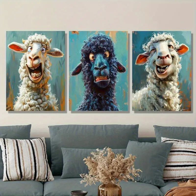 3pcs Vibrant And Playful Sheep In Colorful Metal Print Ready to Hang Art