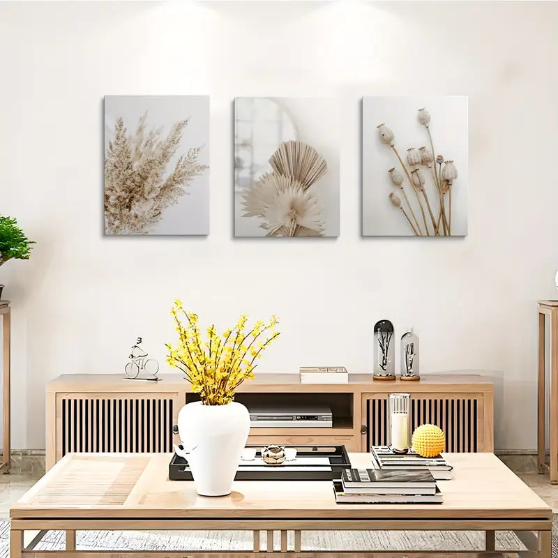 3pcs Cattail Reed & Dried Leaf Pattern Metal Print Ready to Hang Art - Bella Home Decor