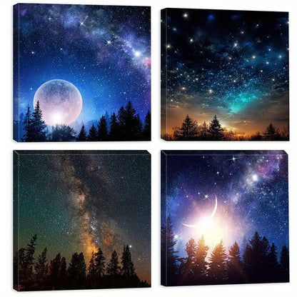 4pcs  Full Moon  Starlit Sky     Wall Art Canvas Framed