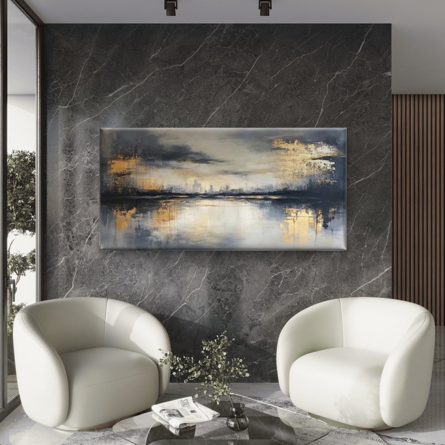 Abstract Gold City Skyline Wall Art Canvas Office Home Room Framed 120x60cm - Bella Home Decor