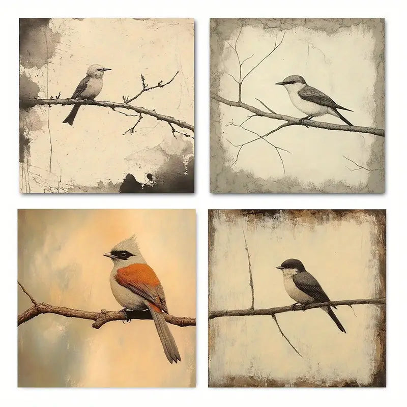 4pcs Bird On Branch Prints  Wall Art Canvas Framed