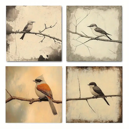 4pcs Bird On Branch Prints Wall Art Canvas Framed