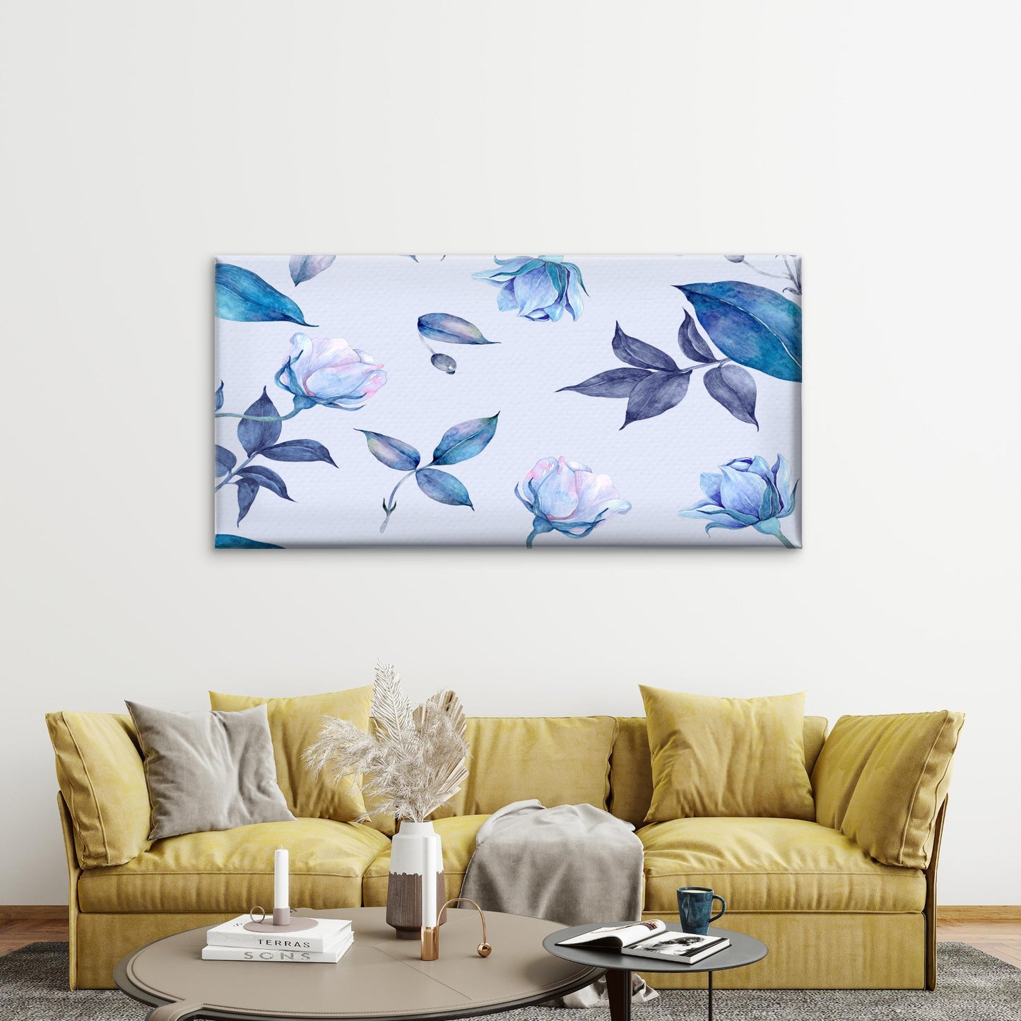 Blue Watercolor Rose Flower Wall Art Canvas Office Home Room Framed 120x60cm - Bella Home Decor